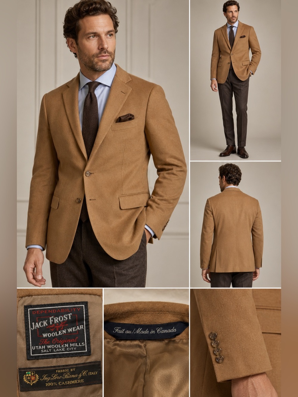 Jack Frost 100% Cashmere 46R Loro Piana Fabric Camel Sport Coat Made in Canada